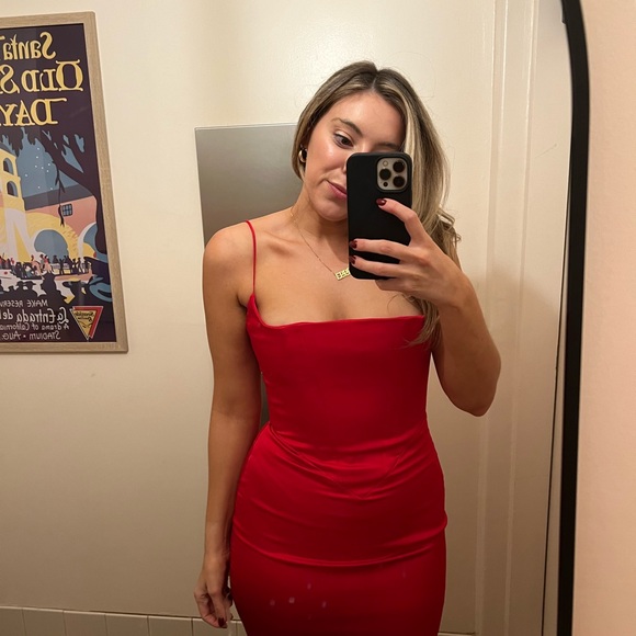 House of CB Red Anais Satin Midi Dress - Picture 3 of 4